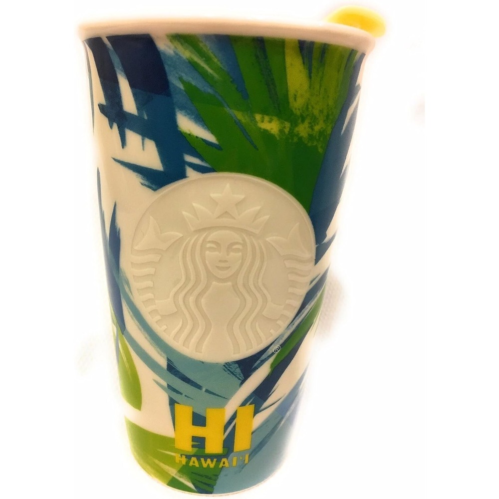 NEW Starbucks Hi Hawaii Yellow Tropical Palm Ceramic Traveler Tumbler Mug 12oz